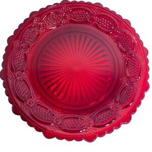 Set Of 8 Vintage Ruby Red Glass Salad Plates With Scalloped Edge & Intricate Pat